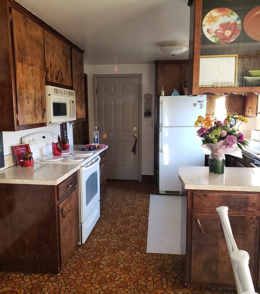 a picture of a kitchen with wooden cabinets and orange, mosaic carpeting